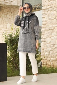 Neva Style - Önü Yazılı Füme Tesettür Kadife Sweatshirt & Tunik 41501FU - Thumbnail