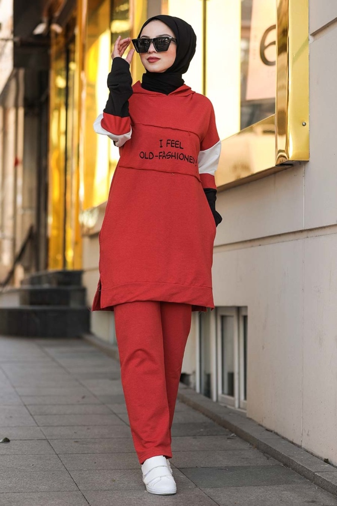 Neva Style - Önü Yazılı Kiremit Tesettür İkili Takım 9135KRMT - 1