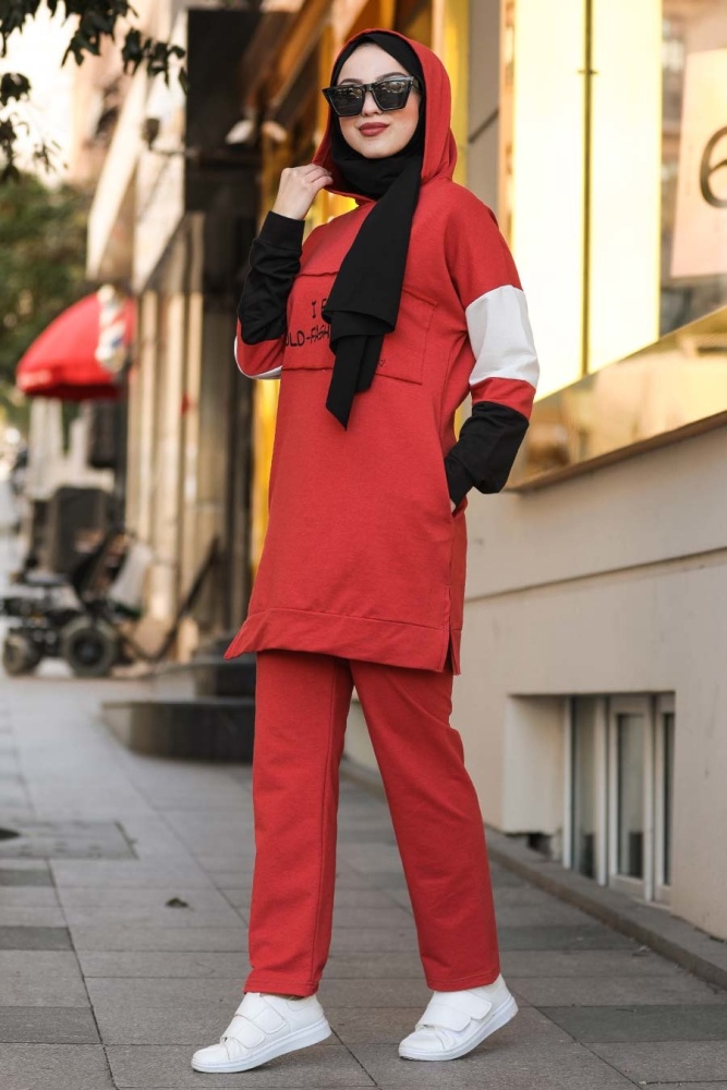Neva Style - Önü Yazılı Kiremit Tesettür İkili Takım 9135KRMT - 2