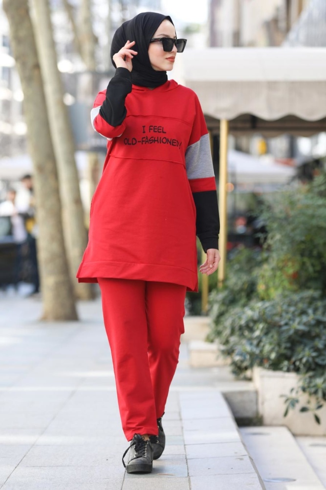 Neva Style - Önü Yazılı Kırmızı Tesettür İkili Takım 9135K - 2