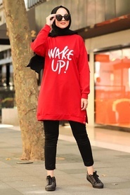 Neva Style - Önü Yazılı Kırmızı Tesettür Sweatshirt 10480K - Thumbnail