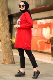 Neva Style - Önü Yazılı Kırmızı Tesettür Sweatshirt 10480K - Thumbnail