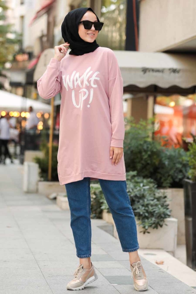 Neva Style - Önü Yazılı Pudra Tesettür Sweatshirt 10480PD - 1