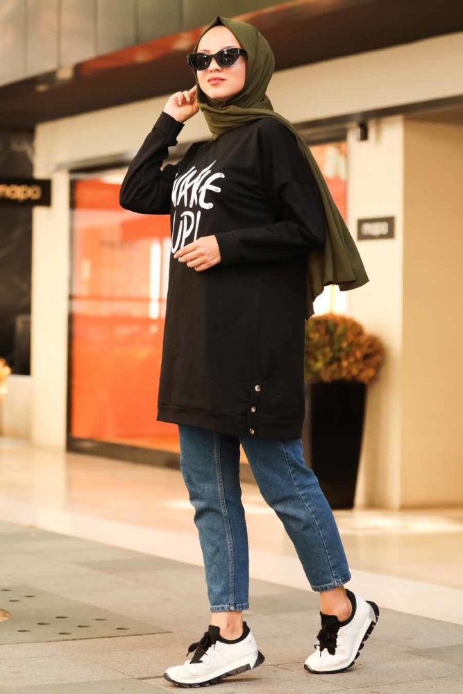 Neva Style - Önü Yazılı Siyah Tesettür Sweatshirt 10480S - 2