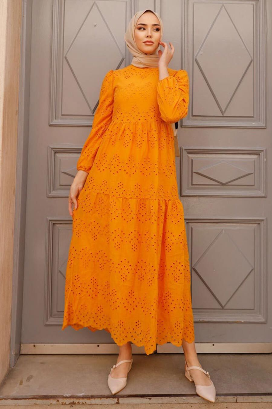open lace back dress Flowy Sleeves Chiffon Dress-Orange  Hijab Boutique
