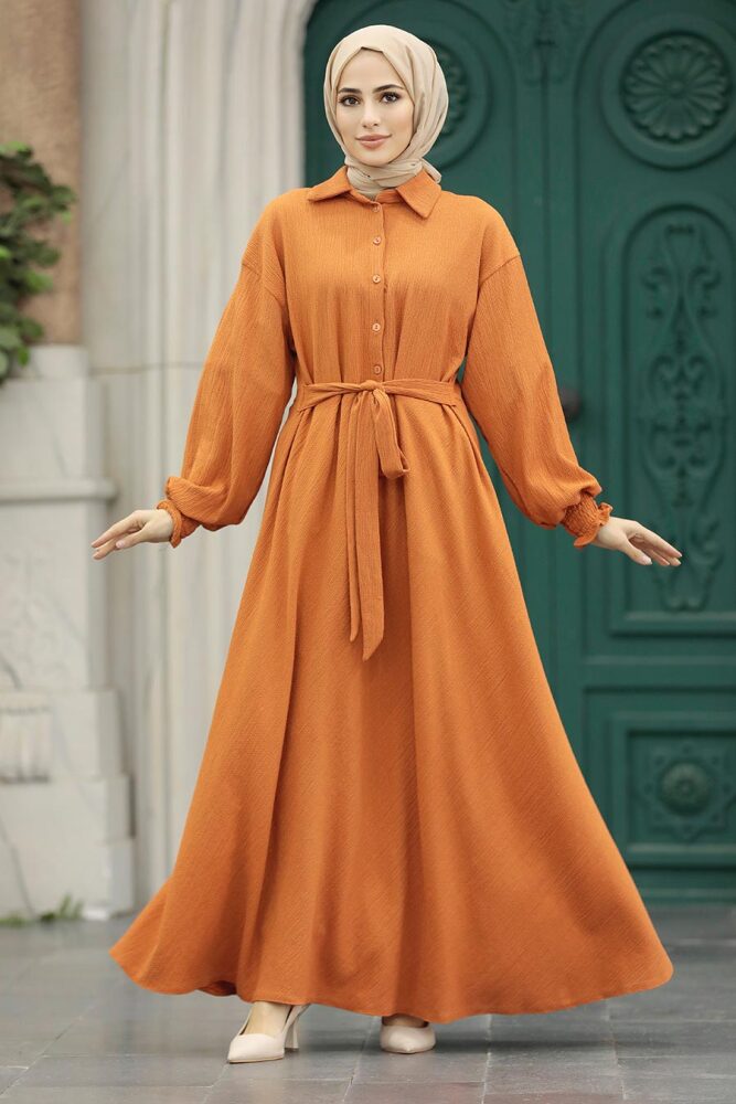 Orange Muslim Long Dress Style 5858T - 1