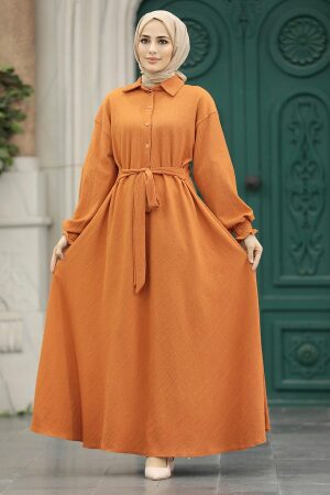 Orange Muslim Long Dress Style 5858T - 3
