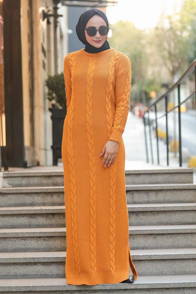 Neva Style - Örgü Desenli Hardal Triko Elbise 5083HR - 1