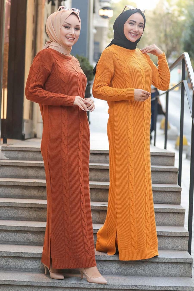 Neva Style - Örgü Desenli Hardal Triko Elbise 5083HR - 3