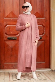 Neva Style - Örgü Elbiseli Gül Kurusu Tesettür Triko İkili Takım 3171GK - Thumbnail