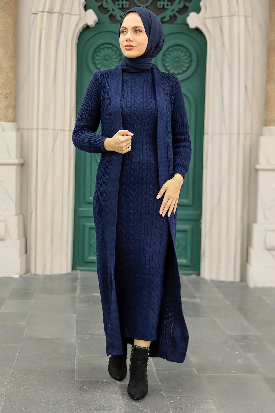 Neva Style - Örgü Elbiseli Lacivert Tesettür Triko İkili Takım 3171L