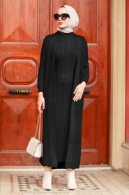 Neva Style - Örgü Elbiseli Siyah Tesettür Triko İkili Takım 3171S - Thumbnail
