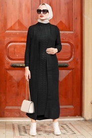 Neva Style - Örgü Elbiseli Siyah Tesettür Triko İkili Takım 3171S - Thumbnail