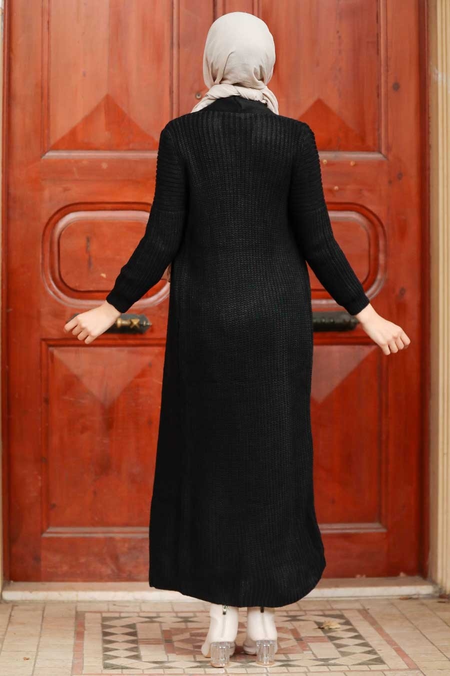 Neva Style - Örgü Elbiseli Siyah Tesettür Triko İkili Takım 3171S