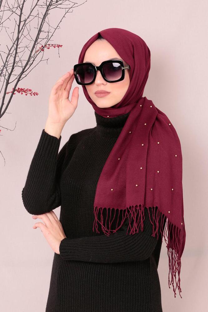 Neva Style - Pamuklu Boncuklu Bordo Şal 7492BR - 1