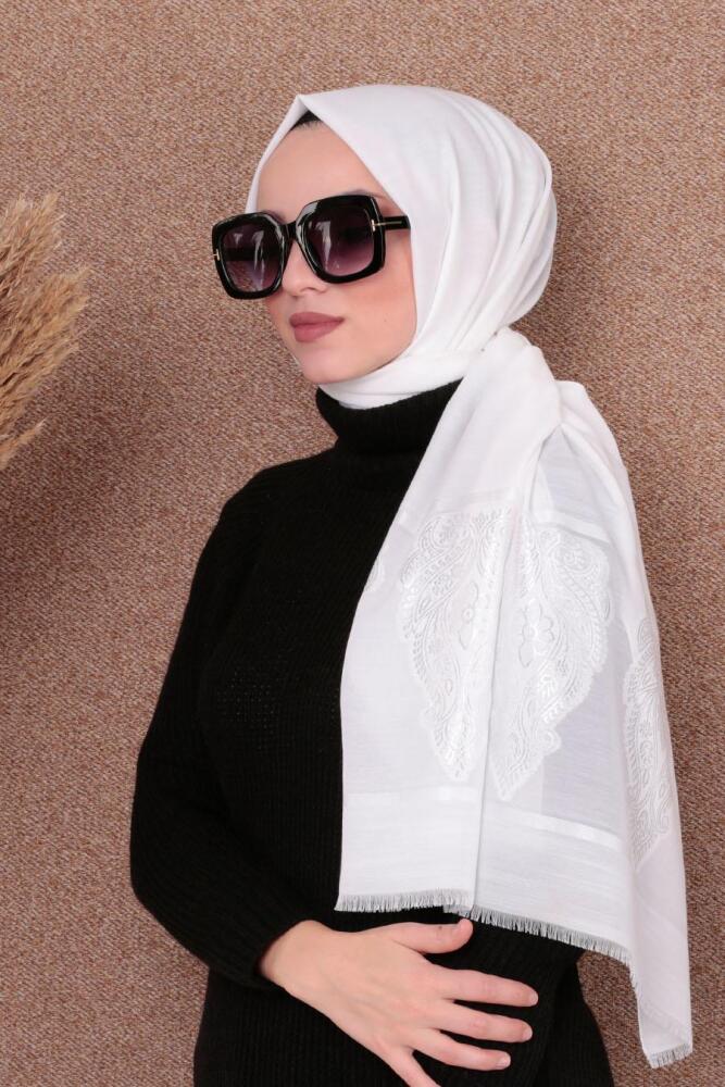 Neva Style - Pamuklu Desenli Ekru Şal 7481E - 1