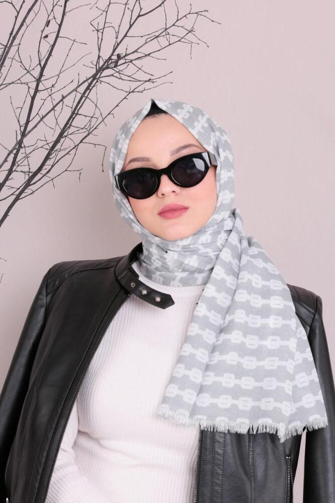 Neva Style - Pamuklu Desenli Gri Şal 7489GR - 1