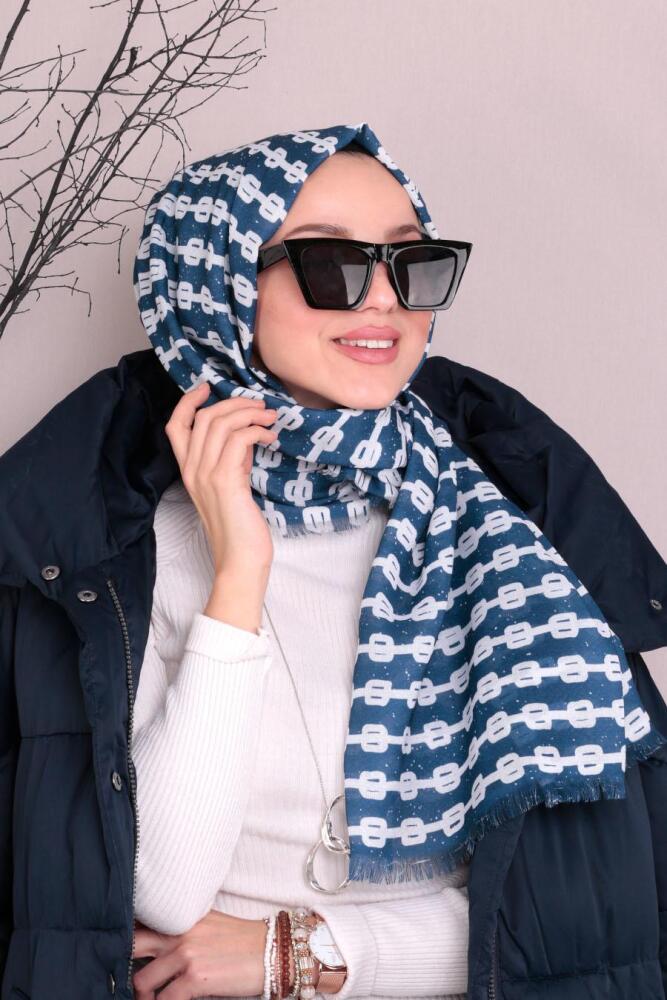 Neva Style - Pamuklu Desenli Lacivert Şal 7489L - 1