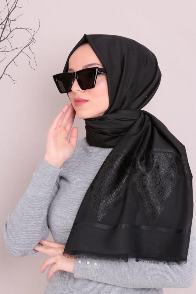 Neva Style - Pamuklu Desenli Siyah Şal 7481S - 1