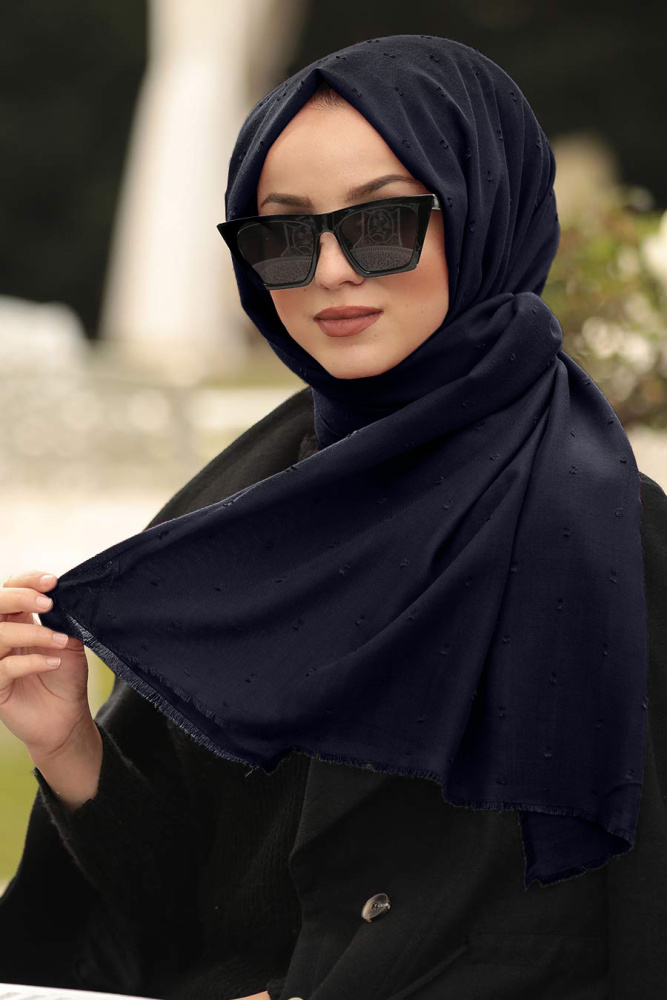 Neva Style - Pamuklu Ponpon Lacivert Şal 7470L - 1