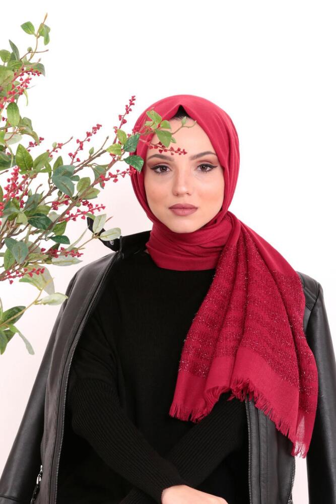 Neva Style - Pamuklu Sim Şeritli Bordo Şal 7478BR - 1