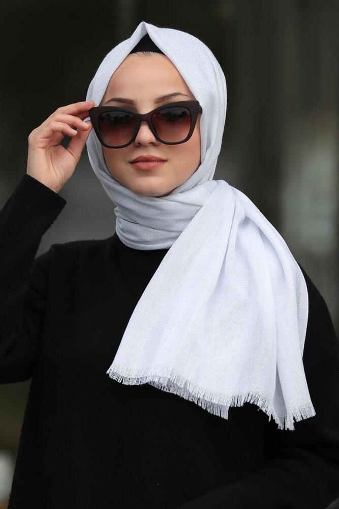 Neva Style - Pamuklu Simli Beyaz Şal 7483B - 1