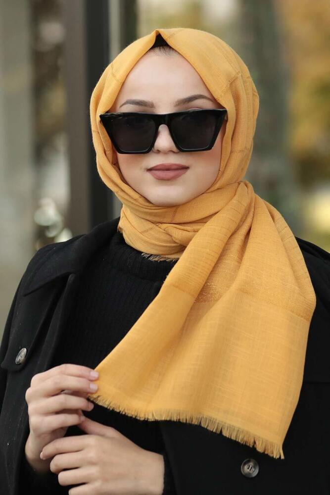 Neva Style - Pamuklu Simli Çizgili Hardal Şal 7458HR - 1