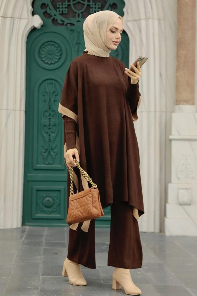 Neva Style - Pançolu Kahverengi Tesettür Triko Üçlü Takım 33850KH - 2