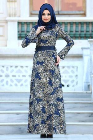 Neva Style - Parlak Desenli Lacivert Tesettür Elbise 21880L - 1