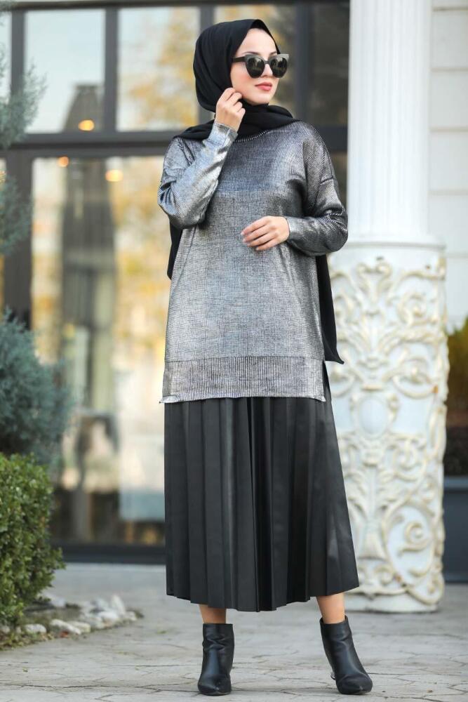 Neva Style - Parlak Gümüş Tesettür Triko Tunik 40001GMS - 1