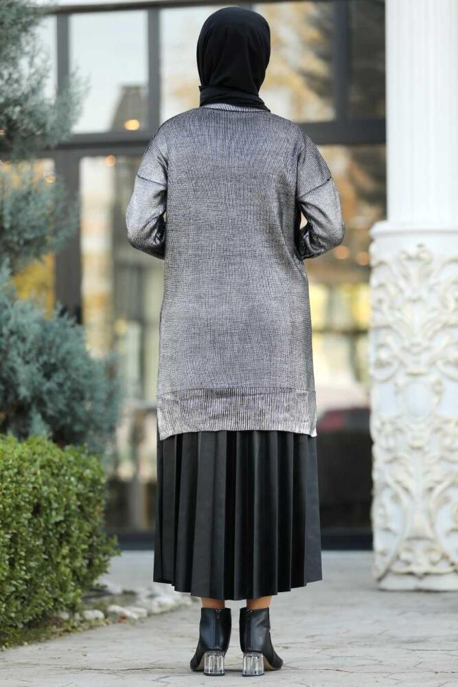 Neva Style - Parlak Gümüş Tesettür Triko Tunik 40001GMS - 2
