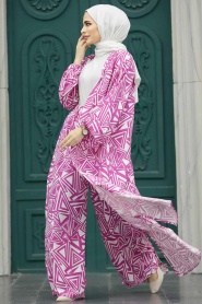 Neva Style - Patterned Fushia Hijab For Women Dual Suit 50048F - Thumbnail