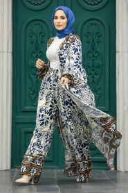 Neva Style - Patterned Navy Blue Hijab For Women Dual Suit 50047L - Thumbnail