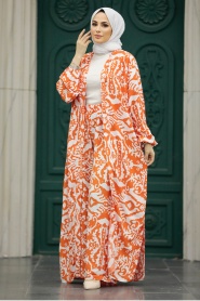 Neva Style - Patterned Orange Hijab For Women Dual Suit 50044T - Thumbnail