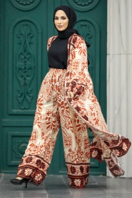 Neva Style - Patterned Terra Cotta Hijab For Women Dual Suit 50047KRMT - Thumbnail