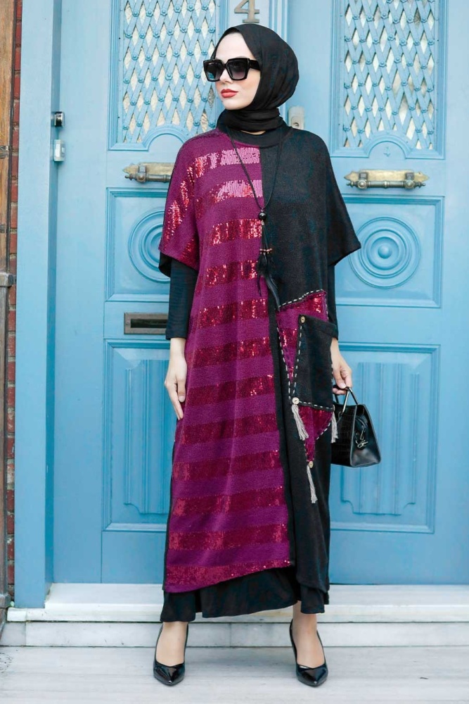 Neva Style - Payet Detaylı Bordo Tesettür Triko İkili Takım 30670BR - 1