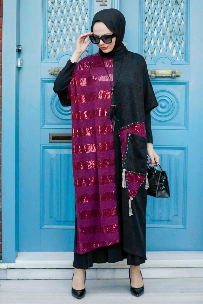 Neva Style - Payet Detaylı Bordo Tesettür Triko İkili Takım 30670BR - 2