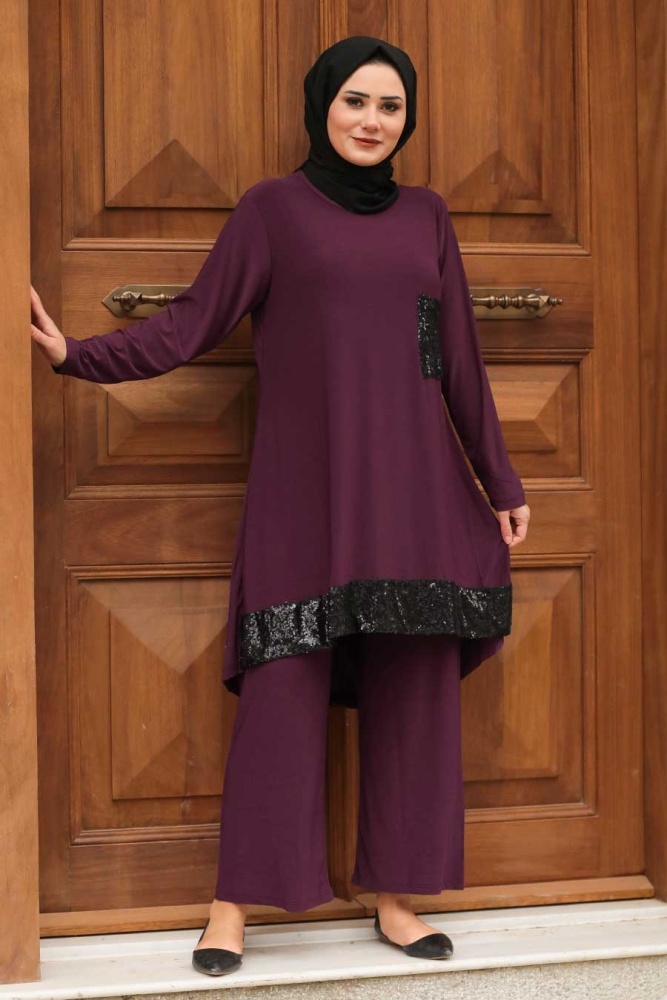 Neva Style - Payet Detaylı Mürdüm Tesettür İkili Takım 1946MU - 1