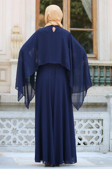 Neva Style - Pelerini İnci Detaylı LacivertTesettür Elbise 5025L - 2