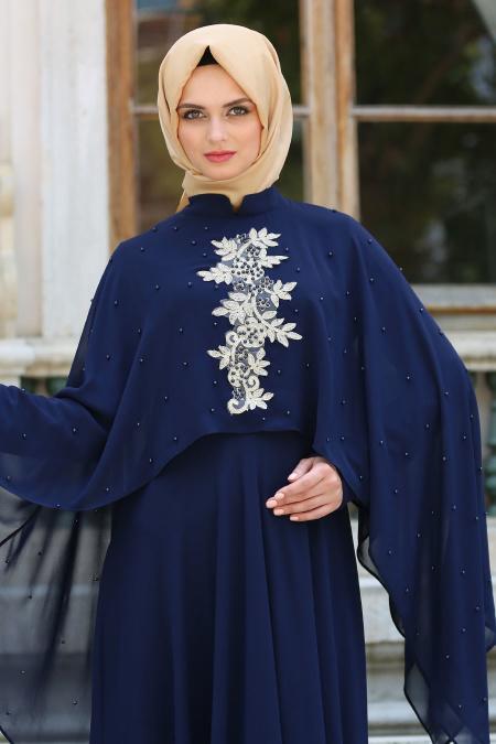 Neva Style - Pelerini İnci Detaylı LacivertTesettür Elbise 5025L - 3