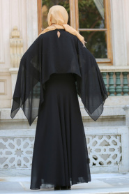 Neva Style - Pelerini İnci Detaylı Siyah Tesettür Elbise SLV-5025S - Thumbnail