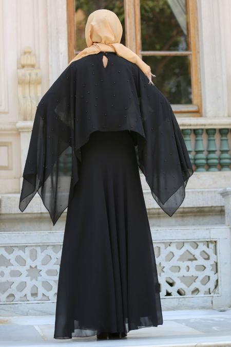 Neva Style - Pelerini İnci Detaylı Siyah Tesettür Elbise SLV-5025S - 2