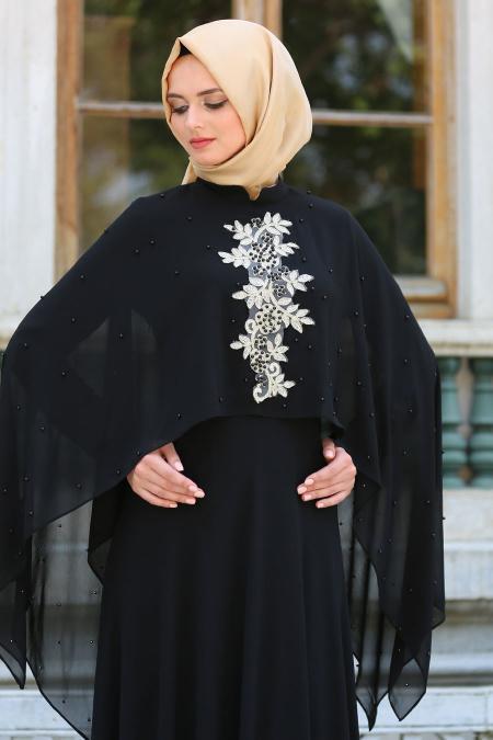 Neva Style - Pelerini İnci Detaylı Siyah Tesettür Elbise SLV-5025S - 3