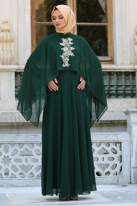 Neva Style - Pelerini İnci Detaylı Yeşil Tesettür Elbise SLV-5025Y