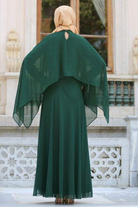 Neva Style - Pelerini İnci Detaylı Yeşil Tesettür Elbise SLV-5025Y - 2