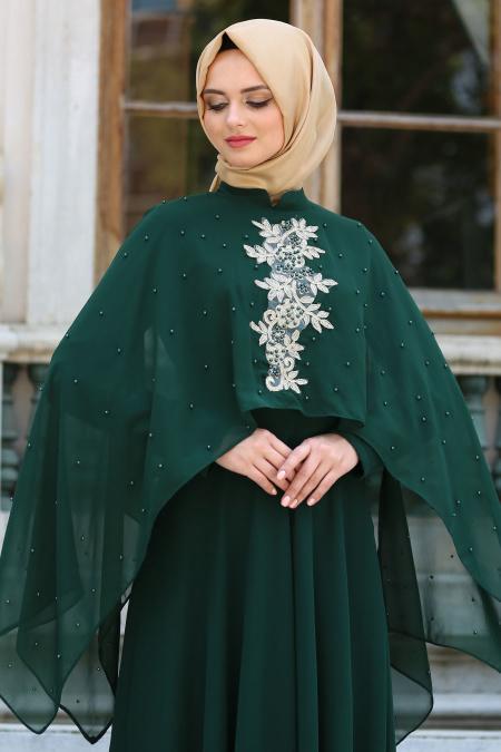 Neva Style - Pelerini İnci Detaylı Yeşil Tesettür Elbise SLV-5025Y - 3