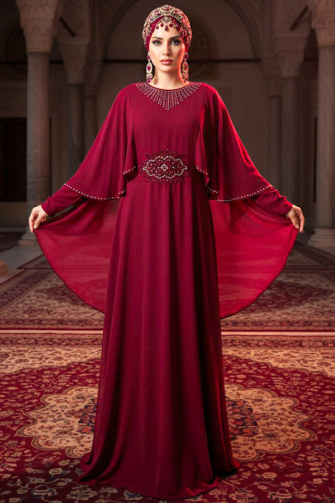  Pelerinli Bordo Tesettür Abiye Elbise 91501BR - 1