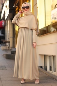 Neva Style - Pelerinli Gold Tesettür Elbise 4140GOLD - Thumbnail