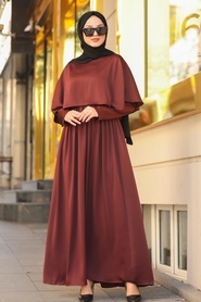 Neva Style - Pelerinli Kahverengi Tesettür Elbise 4140KH - Thumbnail