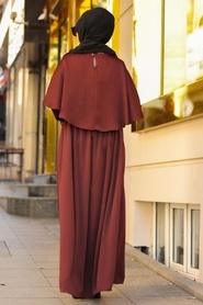 Neva Style - Pelerinli Kahverengi Tesettür Elbise 4140KH - Thumbnail